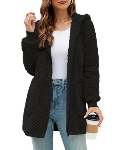ABINGOO Damen Winterjacke Fleecejacke Lang Kapuzenjacke Teddyjacke Flauschig Plüschjacke Warm Reißverschluss Hoodie Kuscheljacke Wintermantel Mit Taschen(Schwarz,M) von ABINGOO