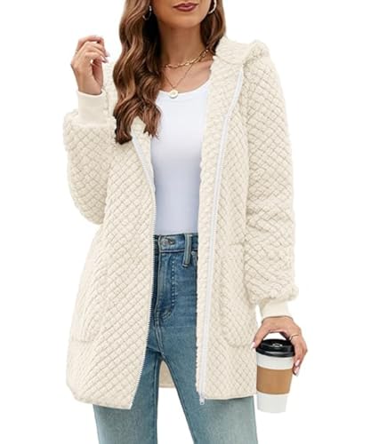 ABINGOO Damen Winterjacke Fleecejacke Lang Kapuzenjacke Teddyjacke Flauschig Plüschjacke Warm Reißverschluss Hoodie Kuscheljacke Wintermantel Mit Taschen(Weiß,L) von ABINGOO