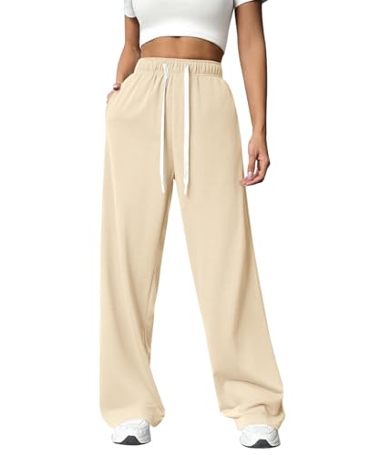 ABINGOO Jogginghose Damen Sporthose Lang Hosen Baumwolle Traininghose Baggy High Waist Freizeithosen Gerades Bein mit Taschen(Beige,XL) von ABINGOO