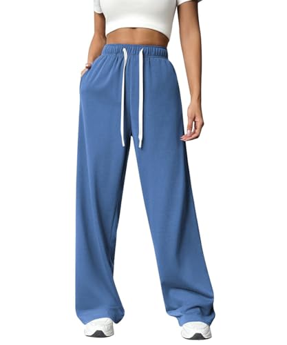 ABINGOO Jogginghose Damen Sporthose Lang Hosen Baumwolle Traininghose Baggy High Waist Freizeithosen Gerades Bein mit Taschen(Blau,M) von ABINGOO