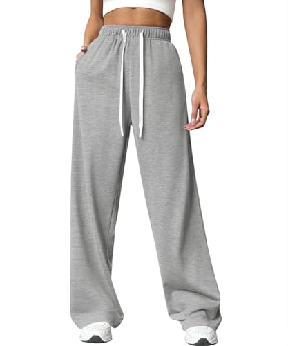 ABINGOO Jogginghose Damen Sporthose Lang Hosen Baumwolle Traininghose Baggy High Waist Freizeithosen Gerades Bein mit Taschen(Grau,L) von ABINGOO