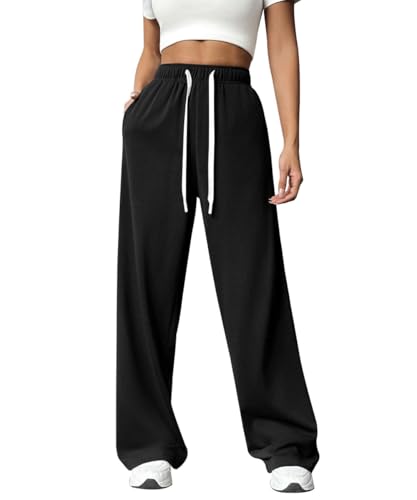 ABINGOO Jogginghose Damen Sporthose Lang Hosen Baumwolle Traininghose Baggy High Waist Freizeithosen Gerades Bein mit Taschen(Schwarz,XL) von ABINGOO