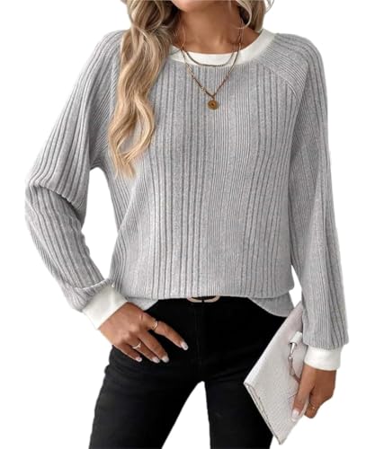 ABINGOO Pullover Damen Rundhals Langarmshirt Elegant Oberteile Herbst Lässig Farbblock Baumwolle Langarm T-Shirt Basic Sweatshirt(Grau,M) von ABINGOO