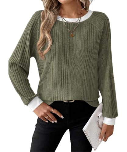 ABINGOO Pullover Damen Rundhals Langarmshirt Elegant Oberteile Herbst Lässig Farbblock Baumwolle Langarm T-Shirt Basic Sweatshirt(Grün,S) von ABINGOO