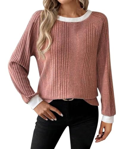 ABINGOO Pullover Damen Rundhals Langarmshirt Elegant Oberteile Herbst Lässig Farbblock Baumwolle Langarm T-Shirt Basic Sweatshirt(Rosa,XL) von ABINGOO