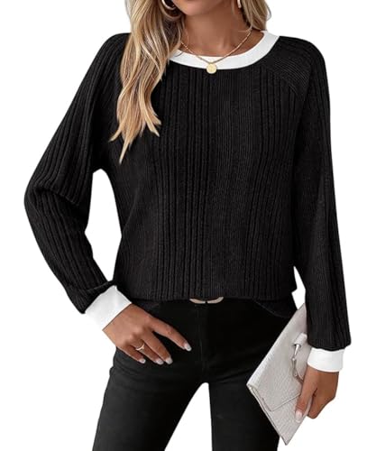 ABINGOO Pullover Damen Rundhals Langarmshirt Elegant Oberteile Herbst Lässig Farbblock Baumwolle Langarm T-Shirt Basic Sweatshirt(Schwarz,XXL) von ABINGOO