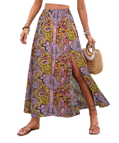 ABINGOO Röcke Damen Sommer Maxirock Bohemien Strandrock Elastische Taille A-Line Boho Lässiger Rock Bedruckt Lang Rock（Gelb,L von ABINGOO