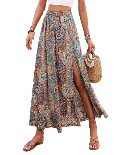 ABINGOO Röcke Damen Sommer Maxirock Bohemien Strandrock Elastische Taille A-Line Boho Lässiger Rock Bedruckt Lang Rock（Mehrfarbig,XL von ABINGOO