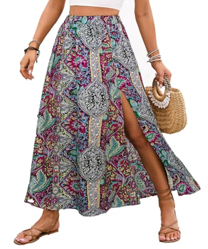 ABINGOO Röcke Damen Sommer Maxirock Bohemien Strandrock Elastische Taille A-Line Boho Lässiger Rock Bedruckt Lang Rock（Violett,L von ABINGOO