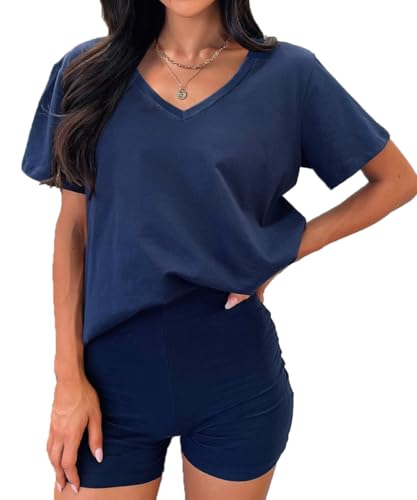 ABINGOO Schlafanzug Damen Sommer Kurz Pyjamas Set V-Ausschnitt Oversize Shirt und High Waist Elastischer Shorts Sleepwear Loungewear Zweiteiler(Blau,M) von ABINGOO
