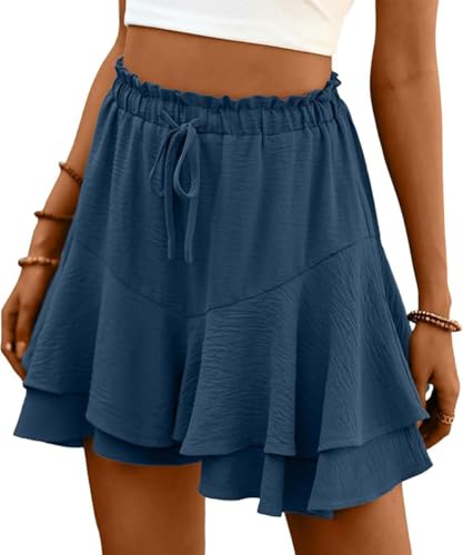 ABINGOO Shorts Damen Sommer Rüschen Freizeit Einfarbig Hosenrock Leicht Und Luftig Minirock Elastische Hoher Taille Kurz Strand-Hosen Mit Kordelzug(Blau,M) von ABINGOO