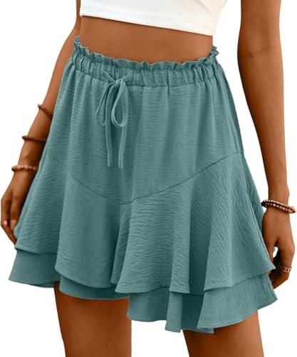 ABINGOO Shorts Damen Sommer Rüschen Freizeit Einfarbig Hosenrock Leicht Und Luftig Minirock Elastische Hoher Taille Kurz Strand-Hosen Mit Kordelzug(Grün,M) von ABINGOO