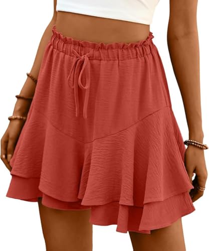 ABINGOO Shorts Damen Sommer Rüschen Freizeit Einfarbig Hosenrock Leicht Und Luftig Minirock Elastische Hoher Taille Kurz Strand-Hosen Mit Kordelzug(Orange,M) von ABINGOO