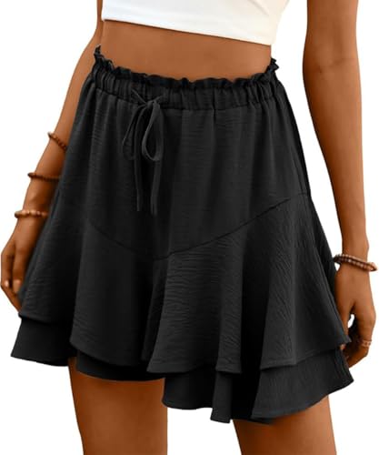 ABINGOO Shorts Damen Sommer Rüschen Freizeit Einfarbig Hosenrock Leicht Und Luftig Minirock Elastische Hoher Taille Kurz Strand-Hosen Mit Kordelzug(Schwarz,L) von ABINGOO
