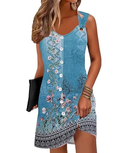 ABINGOO Sommerkleid Damen Leicht und Luftig Ärmelloses Blumen V-Ausschnitt Boho Knielang Strandkleid Elegante Tunika Kleid Freizeitkleid mit Knöpfen(Blau,L) von ABINGOO