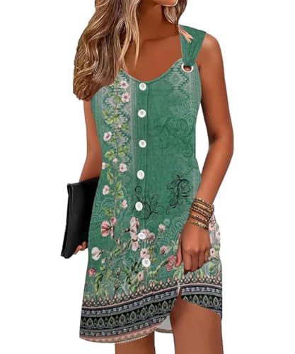ABINGOO Sommerkleid Damen Leicht und Luftig Ärmelloses Blumen V-Ausschnitt Boho Knielang Strandkleid Elegante Tunika Kleid Freizeitkleid mit Knöpfen(Grün,L) von ABINGOO