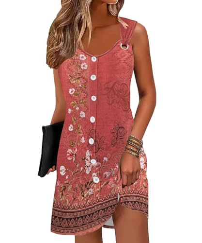 ABINGOO Sommerkleid Damen Leicht und Luftig Ärmelloses Blumen V-Ausschnitt Boho Knielang Strandkleid Elegante Tunika Kleid Freizeitkleid mit Knöpfen(Rot,XL) von ABINGOO