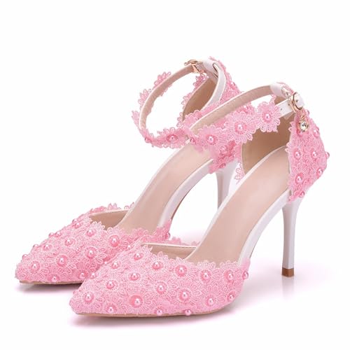 ABJGHYUT Damen High Heels Sandalen Weiß Spitze Perlen Hochzeitsschuhe Spitzschuh Brautschuhe,Rosa,40 von ABJGHYUT