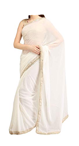 ABN Fashion Indische ethnische Hochzeit Faux Georgette Frauen Partywear Sari mit ungenähter Bluse - Weiß - Einheitsgröße von ABN Fashion
