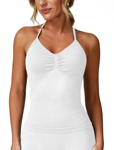 ABOCIW Damen Impact Longline Trägertop Neckholder Sport-BH ärmellos Gym Yoga Workout Tank Tops mit BH, Weiss/opulenter Garten, small von ABOCIW