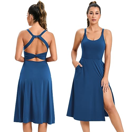 ABOCIW Damen-Tenniskleid mit integriertem BH, rückenfrei, ausgeschnitten, verdrehte Seitentasche, geteilt, sportlich, Midi-Freizeitkleid, Dunkelblau, X-Groß von ABOCIW