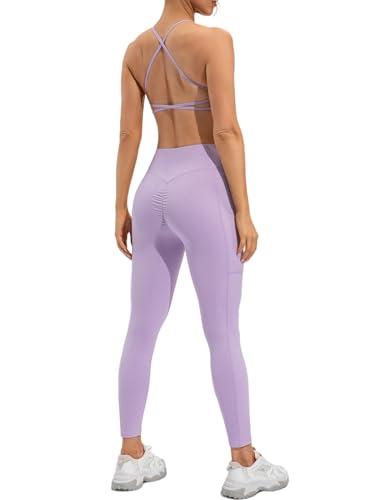 ABOCIW Damen Workout 2-teiliges Outfit U-Ausschnitt Kreuzrücken-BH Crossover Hohe Taille Leggings mit Taschen Yoga Gym Sets, Flieder, L von ABOCIW