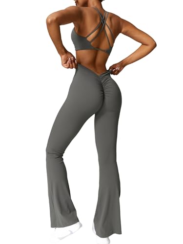 ABOCIW Damen-Workout-Set, 2-teilig, gedrehte Vorderseite, Sport-BHs, V-Rücken, Scrunch Butt Lifting, Schlag-Leggings, Grau, Medium von ABOCIW