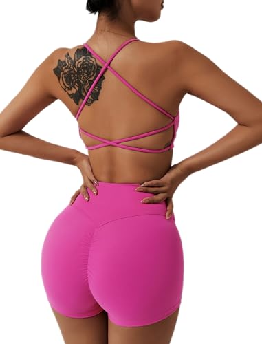 ABOCIW Damen Workout Sport BHs Fitness Rückenfrei Criss Cross Open Back Strappy Yoga BH Top Low Impact Bra, BH + Shorts Rose, small von ABOCIW