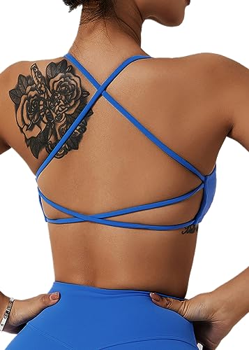 ABOCIW Damen Workout Sport BHs Fitness Rückenfrei Criss Cross Open Back Strappy Yoga BH Top Low Impact Bra, Blau, Medium von ABOCIW