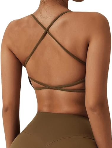 ABOCIW Damen Workout Sport BHs Fitness Rückenfrei Criss Cross Open Back Strappy Yoga BH Top Low Impact Bra, Kaffee, small von ABOCIW