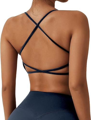 ABOCIW Damen Workout Sport BHs Fitness Rückenfrei Criss Cross Open Back Strappy Yoga BH Top Low Impact Bra, Marineblau, Medium von ABOCIW