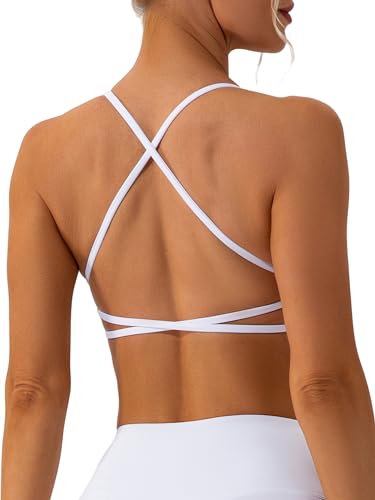 ABOCIW Damen Workout Sport BHS Fitness Rückenfrei Criss Cross Open Back Strappy Yoga BH Top Low Impact Bra, Weiss/opulenter Garten, Large von ABOCIW