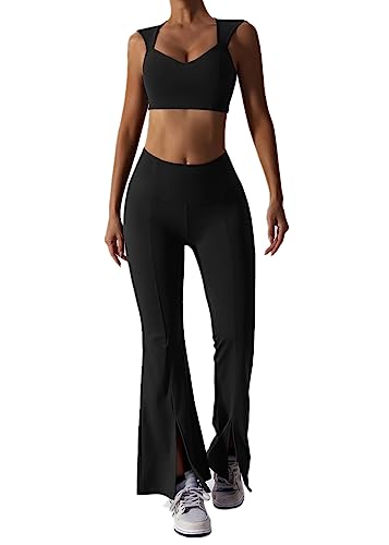 ABOCIW Workout-Sets für Damen, 2-teilig, hohe Taille, ausgestellte Leggings, Schlitzsaum, V-Ausschnitt, Sport-BH, Fitnessstudio, Yoga-Outfits, #2 Schwarz, Large von ABOCIW