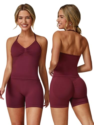 ABOCIW Workout-Sets für Damen, 2-teilig, nahtlos, lange Träger-Top, Scrunch Butt hohe Taille, Biker-Shorts, Fitnessstudio-Set, Burgunderrot, X-Small ABOCIW Workout-Sets für Damen, 2-teilig, nahtlos, lange Träger-Top, Scrunch Butt hohe Taille, Biker-Shorts, Fitnessstudio-Set, Burgunderrot, X-Small von ABOCIW