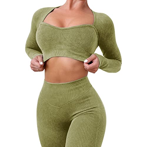 Trainingssets für Damen, langes Sleeev, 2-teiliges Yoga-Outfits, nahtlos, gerippt, Herzausschnitt, bauchfreies Top, hohe Taille, Legging-Sets, #1 Grün, Medium von ABOCIW