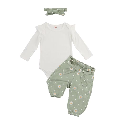 ABOHU Baby Mädchen Kleidung, 3 teilig Neugeborene Rüschen Langarm Strampler Gänseblümchen Hose Sets mit Stirnband, Babykleidung Outfit Set Mädchen von 3–12 Monaten von ABOHU