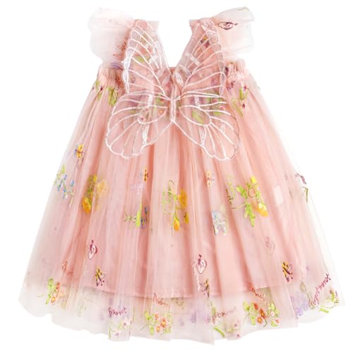 ABOHU Baby Mädchen Tüll Kleid, Sommer Ärmellose Prinzessin Kleid mit Schmetterlingsflügeln, Kleinkind Mädchen Blumen Spitzenkleid für Geburtstags Hochzeit Party von ABOHU