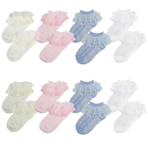 ABOHU Mädchen Rüschen Spitze Socken, 8 Paar Kleinkind Lace Knöchel Socken Ballet, Baumwolle Prinzessin SpitzeSocken für 1-6 Jahre Mädchen - Vier Farben von ABOHU