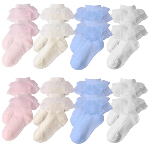 ABOHU Mädchen Rüschen Spitze Socken, 8 Paar Kleinkind Lace Knöchel Socken Ballet, Baumwolle Prinzessin SpitzeSocken für 1-6 Jahre Mädchen - Vier Farben von ABOHU