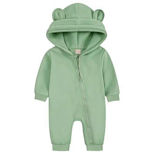 ABOHU Neugeborenes Baby Jungen Mädchen Strampler, Lange Ärmel Overall mit Bär Ohr und Kapuze, Säuglings Frühling Herbst Body, Reißverschluss Bodysuit Baby Schlafanzug Einteilige 0-6 Monate von ABOHU