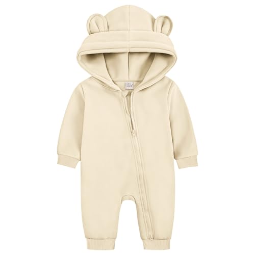 ABOHU Neugeborenes Baby Jungen Mädchen Strampler, Lange Ärmel Overall mit Bär Ohr und Kapuze, Säuglings Frühling Herbst Body, Reißverschluss Bodysuit Baby Schlafanzug Einteilige 0-6 Monate von ABOHU