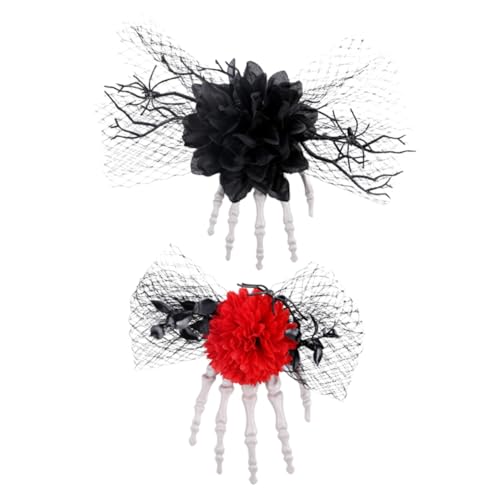 ABOOFAN 2 Stück Teiliges Halloween Haarclip mit Skeletthand und Rosenblüte Leichte Komfortable Mesh Seitenklemmen Vielseitiges Gothic Haar Accessoire für Damen für Partys und Cosplay von ABOOFAN