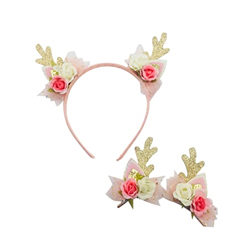 ABOOFAN 3st Hirschgeweih-stirnband Rosa Blumenstirnband Hirschgeweih Haarreifen Geweih Stirnband Halloween Weihnachtshaarschmuck Für Frauen Festlicher Haarreif Haarset Fräulein Die Blumen von ABOOFAN