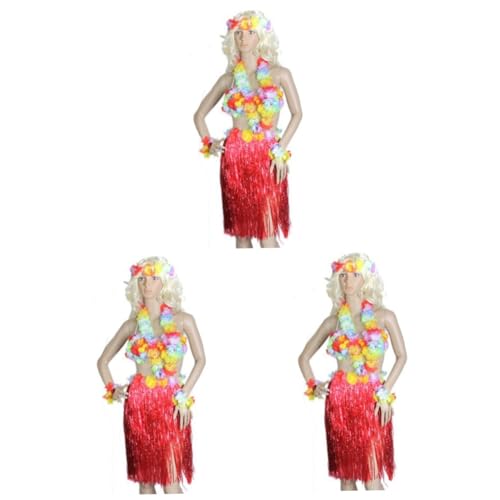 ABOOFAN 3-Teiliges Rotes Outfit-Ornament-Set Für Erwachsene Hawaii-Grasrock-Anzüge Damenanzüge Roter Anzug Für Frauen Girlanden Für Dekor-Set Kranz Grasröcke Kombinationsplatte von ABOOFAN