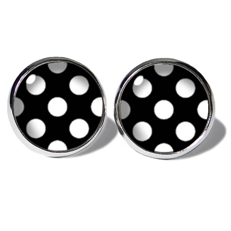 Abouki Edelstahl Ohrstecker Silber Motiv Polka Dots Weiß Schwarz Handgefertigte Ohrringe Ohrschmuck Damen Kinder Punkte Gepunktet Rockabilly von ABOUKI