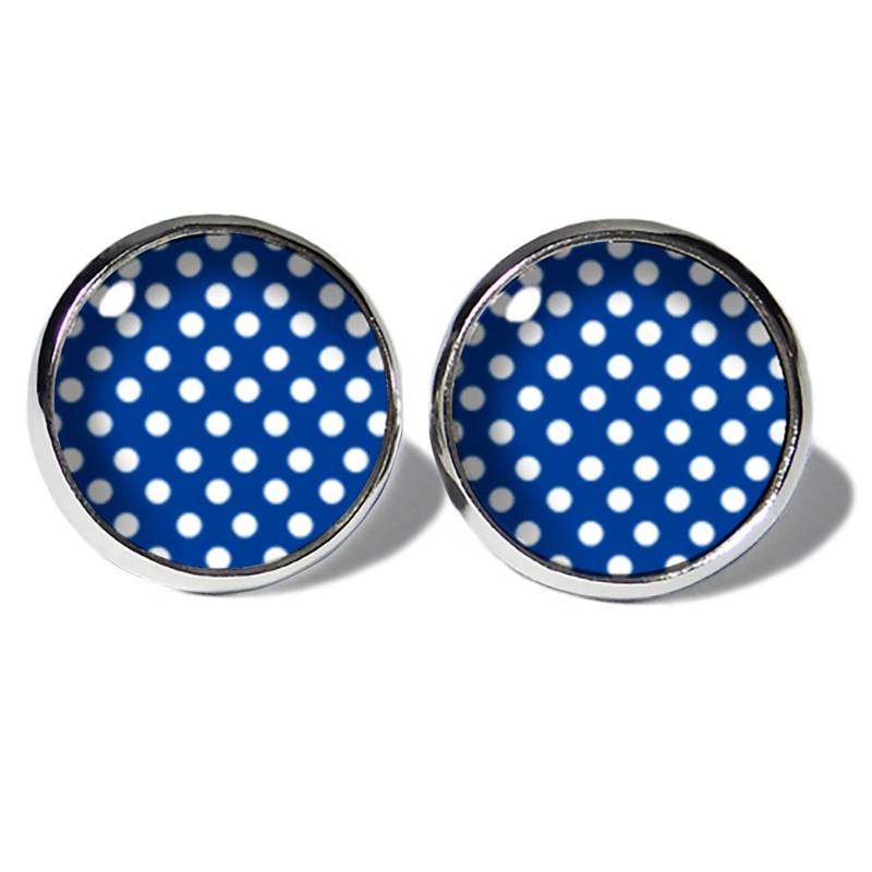 Abouki Edelstahl Ohrstecker Silber Motiv Punkte Weiß Blau Stecker Gepunktet Blaue Ohrringe Ohrschmuck Mädchen Damen Polka Dots Pünktchen von ABOUKI