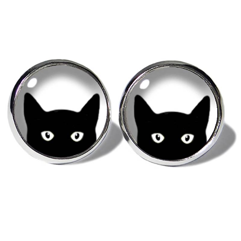 Abouki Edelstahl Ohrstecker Silber Motiv Schwarze Katze Black Cat Chat Noir Katzen Ohrringe Mädchen Damen Schwarz Weiss Geschenk-Idee von ABOUKI