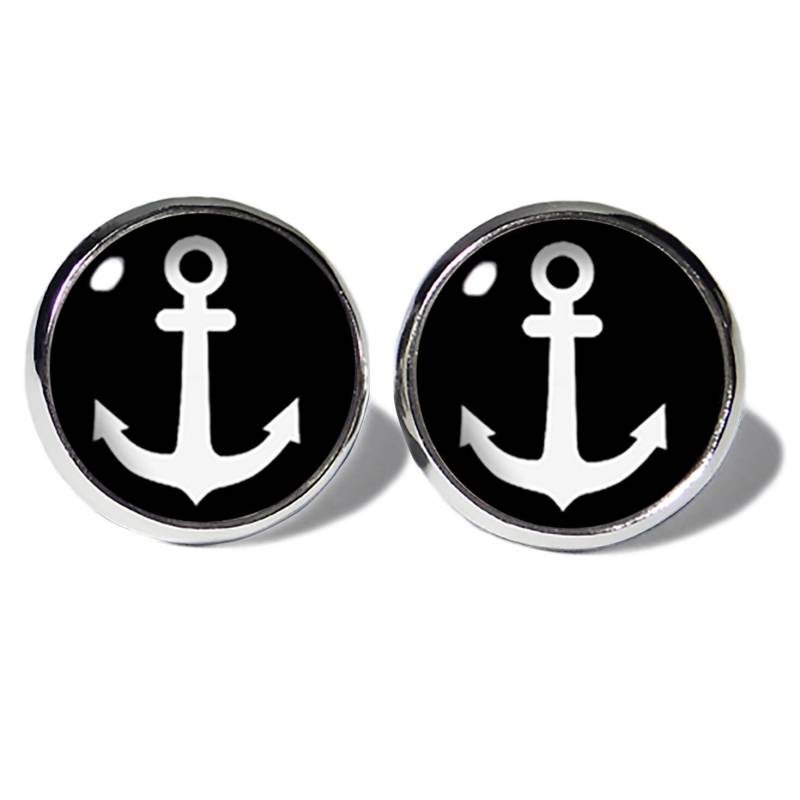 Anker Weiß Schwarz Ohrstecker Edelstahl Abouki Unisex Damen Herren Kinder Ohrschmuck Handgefertigte Ohrringe Motiv Maritim Geschenk-Idee von ABOUKI