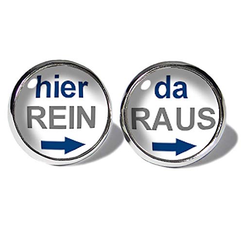 Blau-Weisse Hier Rein Da Raus Ohrstecker ABOUKI Unisex Damen Herren Kind Kinder Edelstahl Ohrschmuck mit lustigem Spruch-Motiv handgefertigte Ohrringe silber-farben von ABOUKI