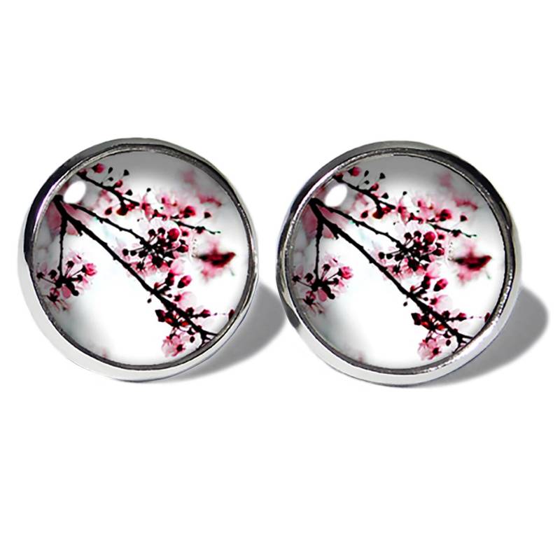 Edelstahl Ohrstecker Silber Motiv Kirschblüten Weiß Rosa Abouki Handgefertigte Ohrringe Ohrschmuck Damen Kinder Blumen Geschenk-Idee von ABOUKI